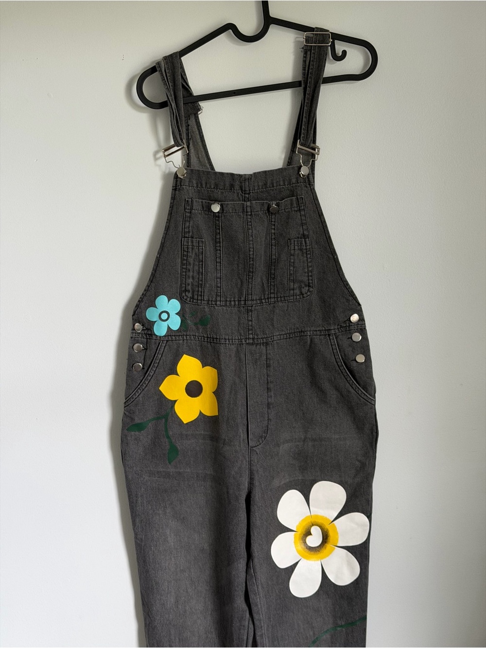Hand-Painted Black Floral Denim Overalls Jumpsuit - Picture 3 of 8